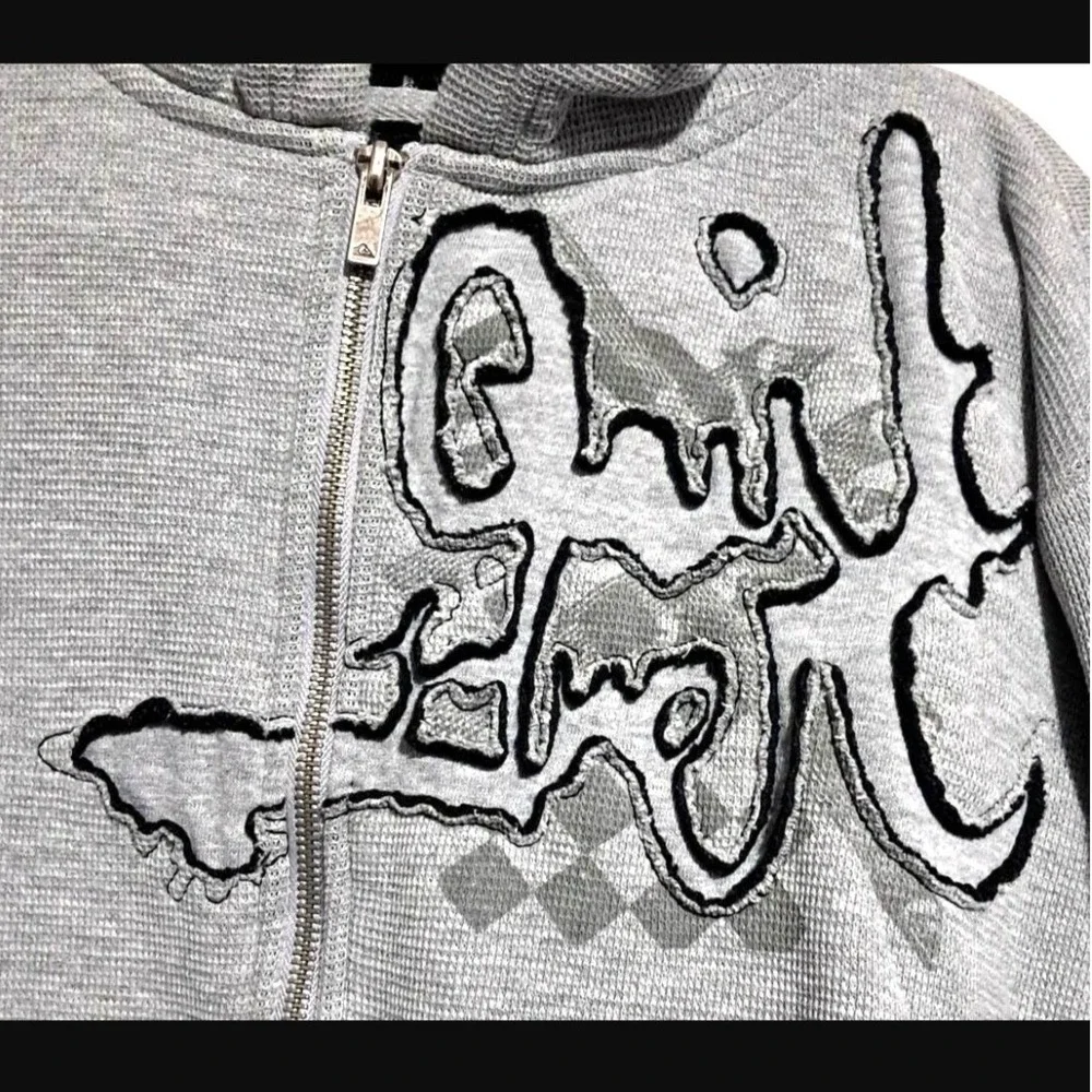 Quiksilver Zip Up Hoodie Boys XL Vtg Y2K Gray‎ Waffle Knit Sherpa Lined Graphic